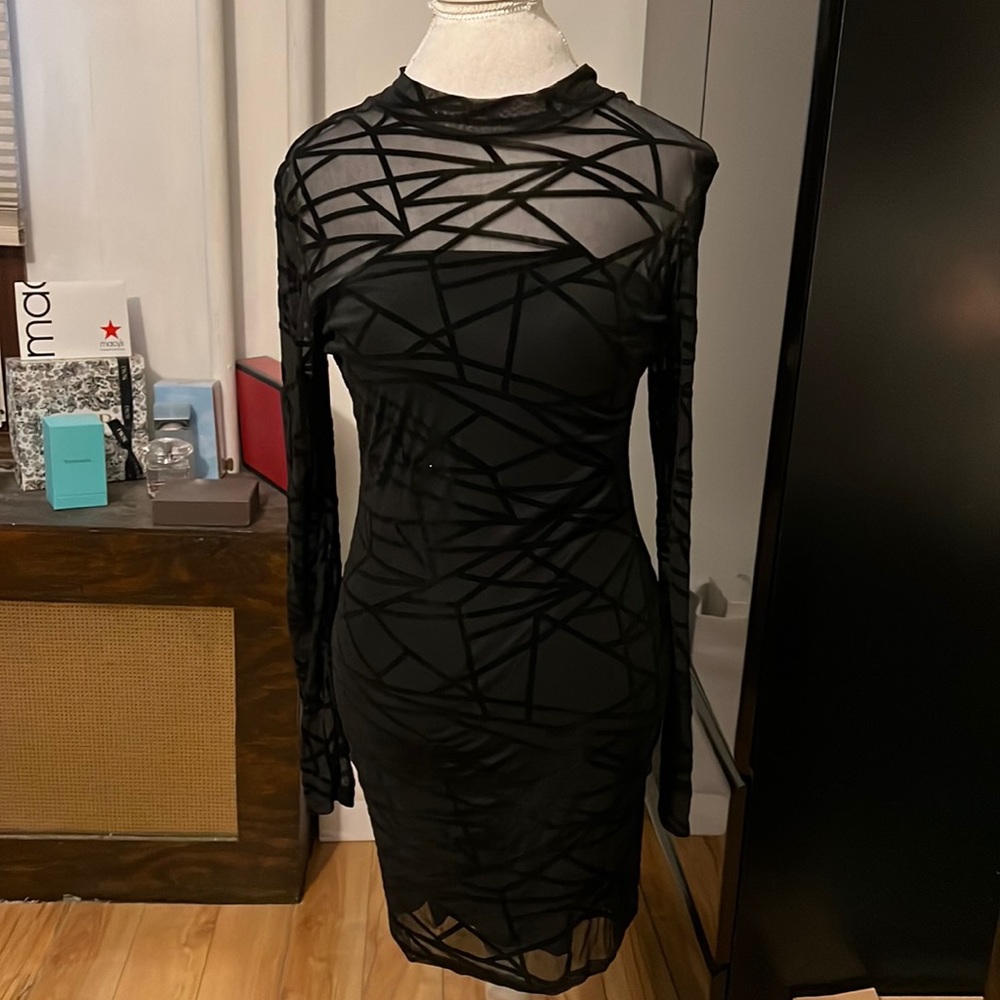 SHEIN 2 piece outfit a mesh with design long sleeve overlay with black bodycon